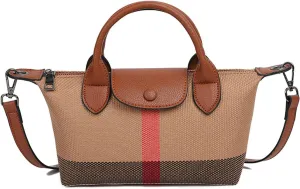 Deluxe Small Size Women's Check Tote Leather and Canvas Contrast Top Handle Mini Waist Bag Everyday Crossbody Bag
