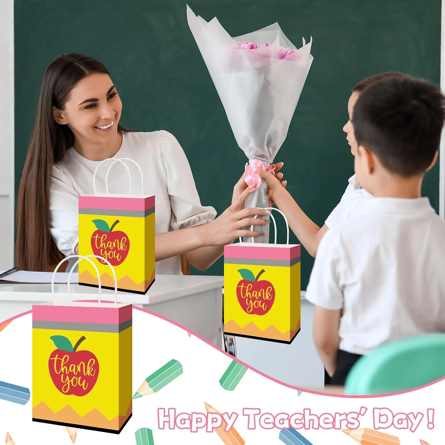 Denylo pro Teacher Appreciation Gift Bags Bulk Thank You Kraft Favor Bags with Handles for Thank You Party Favors Congratulations Supplies (12)