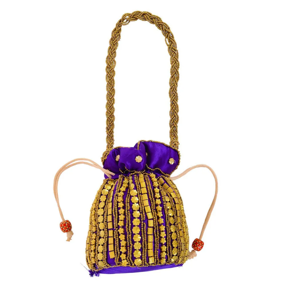 Designer Beads Studded Handcrafted Silk Potli Bag Purple