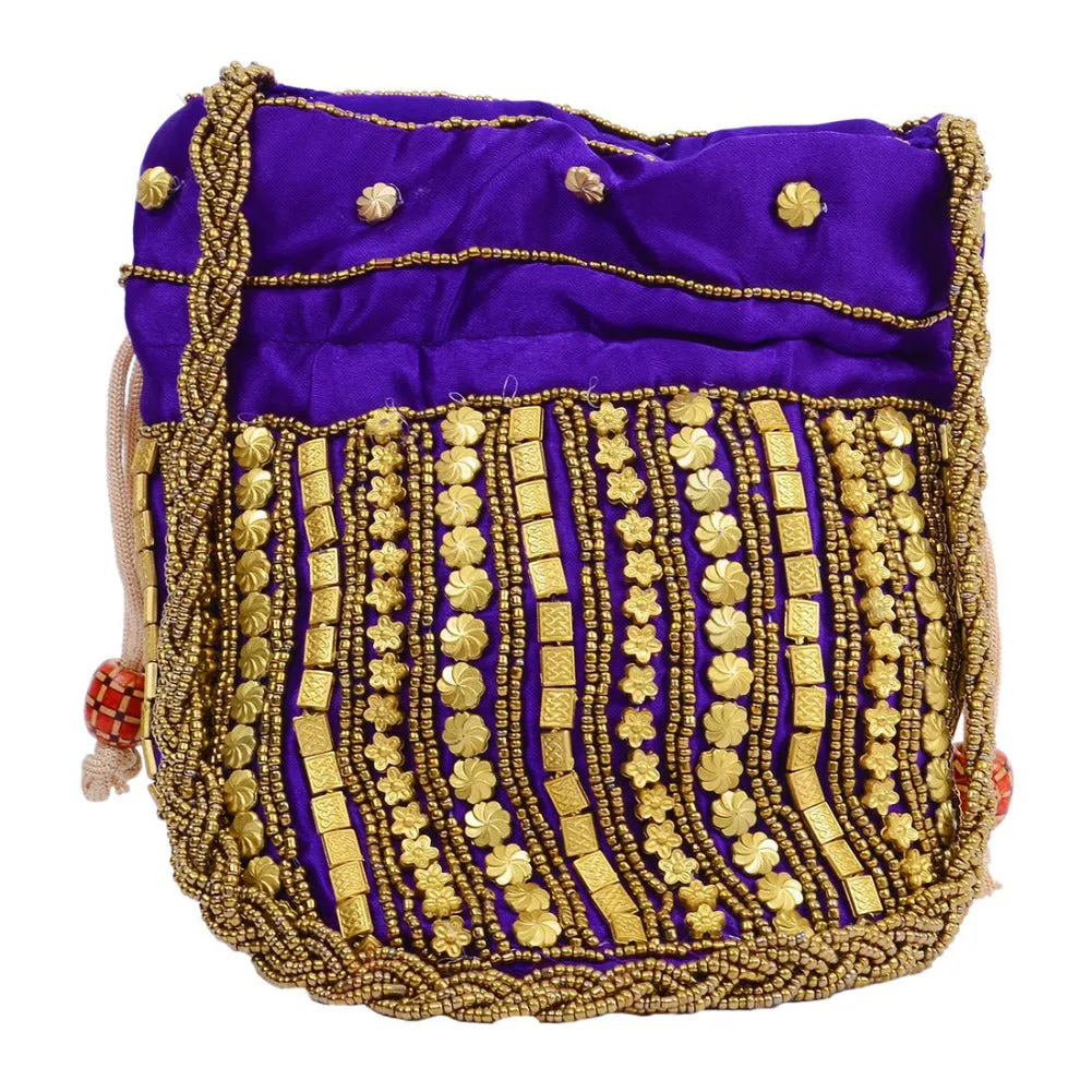 Designer Beads Studded Handcrafted Silk Potli Bag Purple