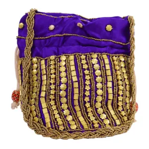 Designer Beads Studded Handcrafted Silk Potli Bag Purple