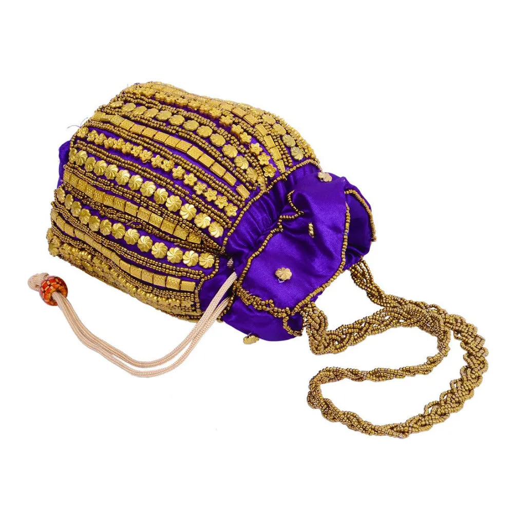 Designer Beads Studded Handcrafted Silk Potli Bag Purple