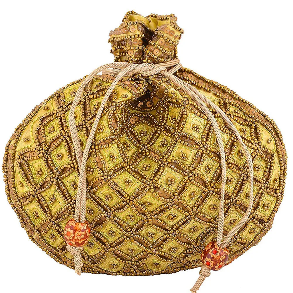 Designer Handcrafted Beads Studded Batwa Potli Bag For Women Golden