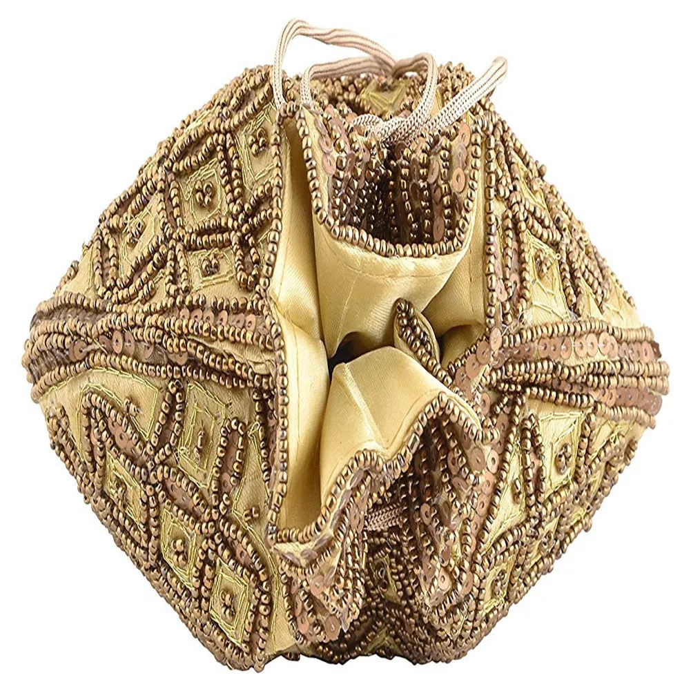 Designer Handcrafted Beads Studded Batwa Potli Bag For Women Golden