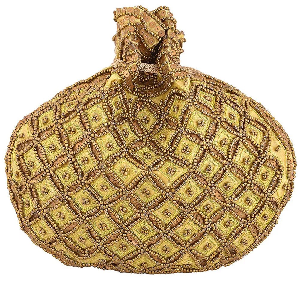 Designer Handcrafted Beads Studded Batwa Potli Bag For Women Golden