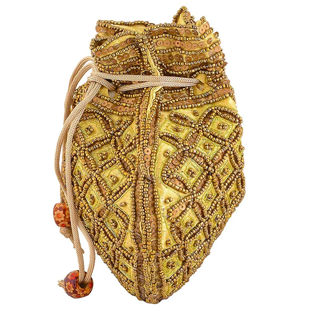 Designer Handcrafted Beads Studded Batwa Potli Bag For Women Golden