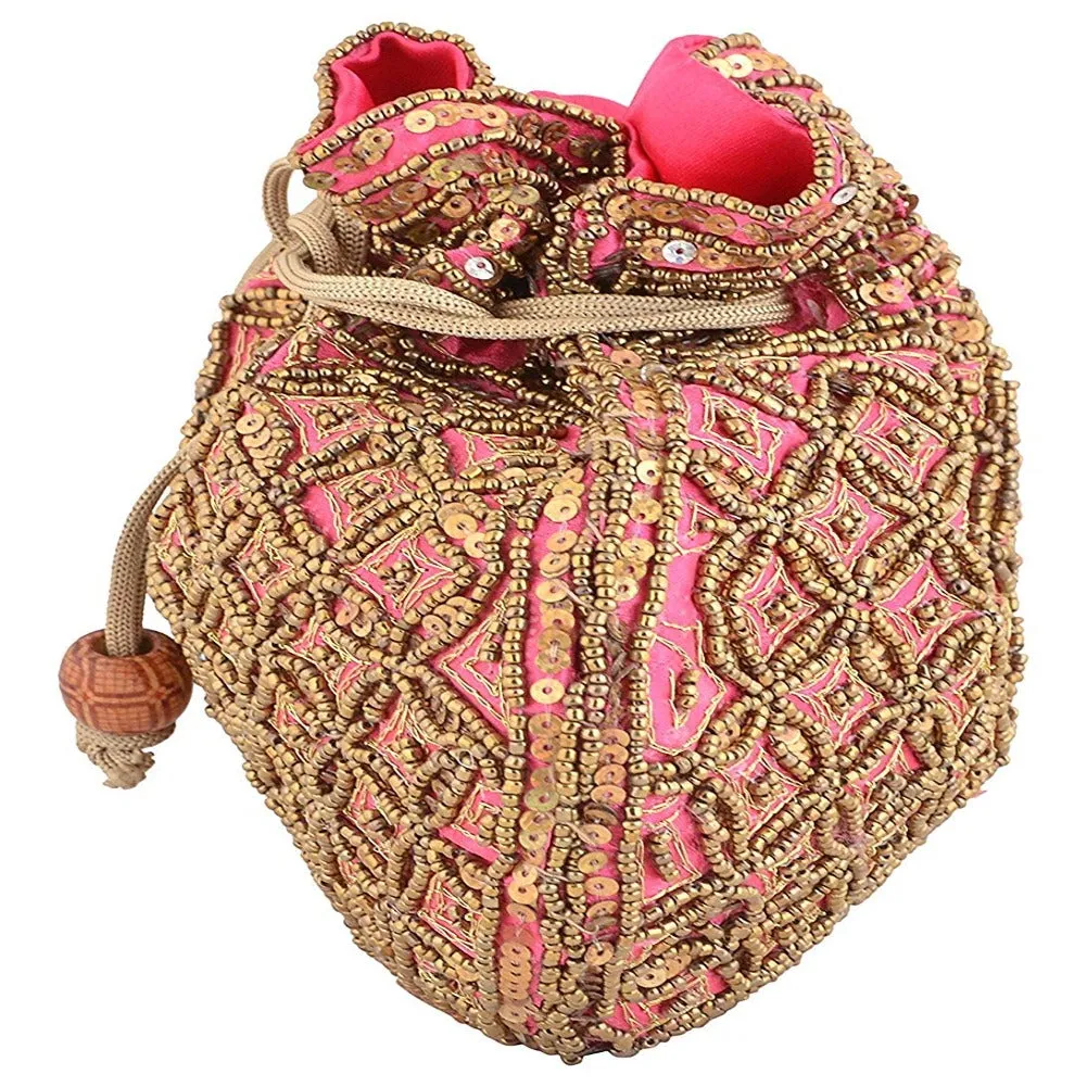 Designer Handcrafted Beads Studded Batwa Potli Bag For Women Pink