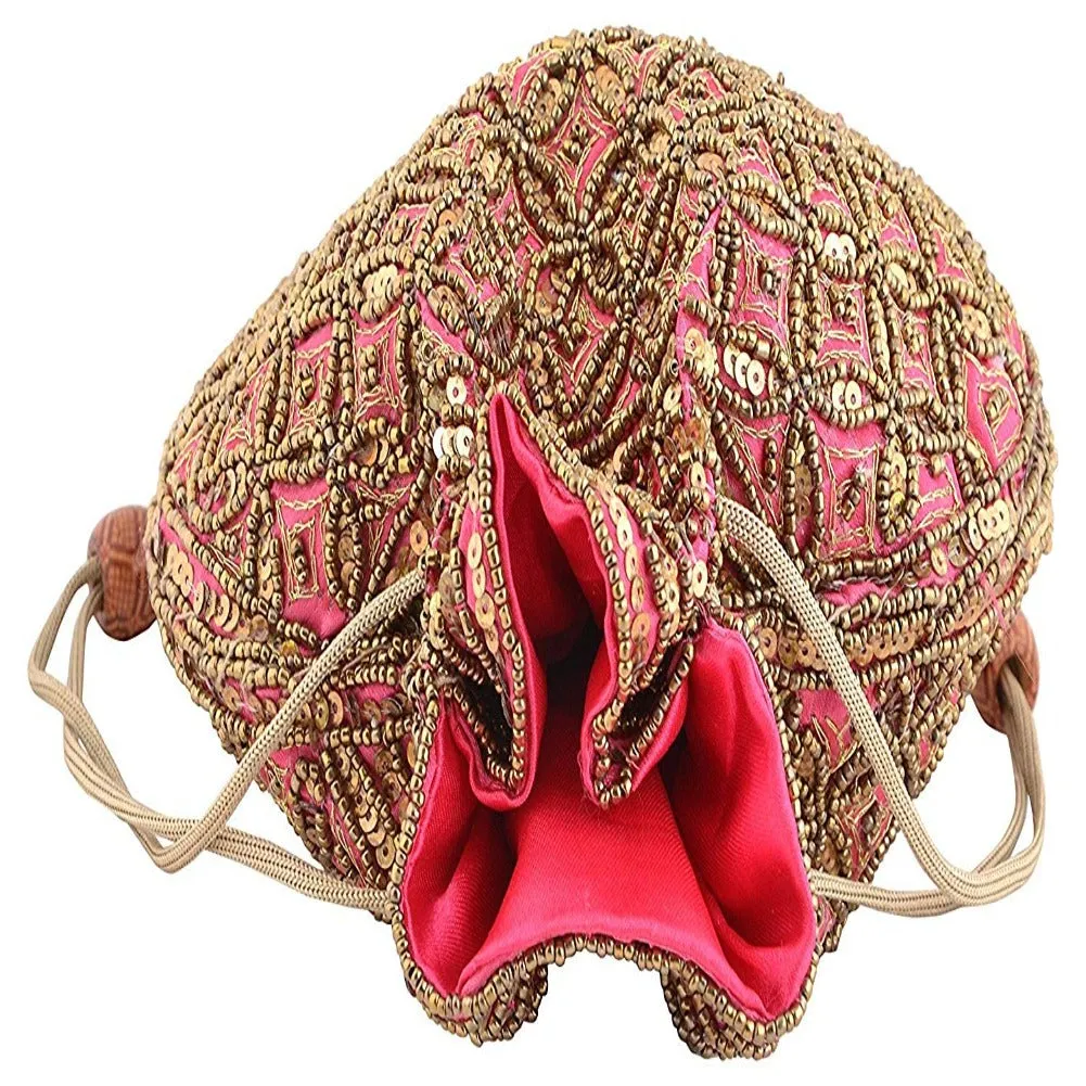 Designer Handcrafted Beads Studded Batwa Potli Bag For Women Pink