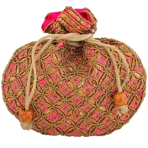 Designer Handcrafted Beads Studded Batwa Potli Bag For Women Pink