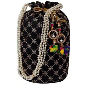 Designer Jardosh Embroidered Silk Potli Bag With Meal Beadwork And Pearl Drawstings Black