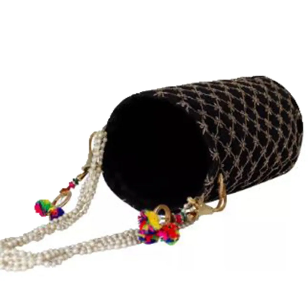 Designer Jardosh Embroidered Silk Potli Bag With Meal Beadwork And Pearl Drawstings Black