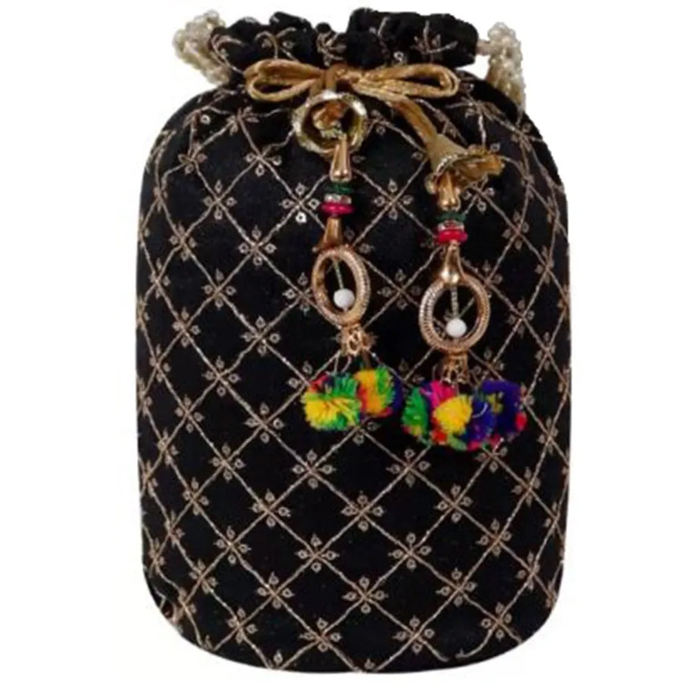 Designer Jardosh Embroidered Silk Potli Bag With Meal Beadwork And Pearl Drawstings Black