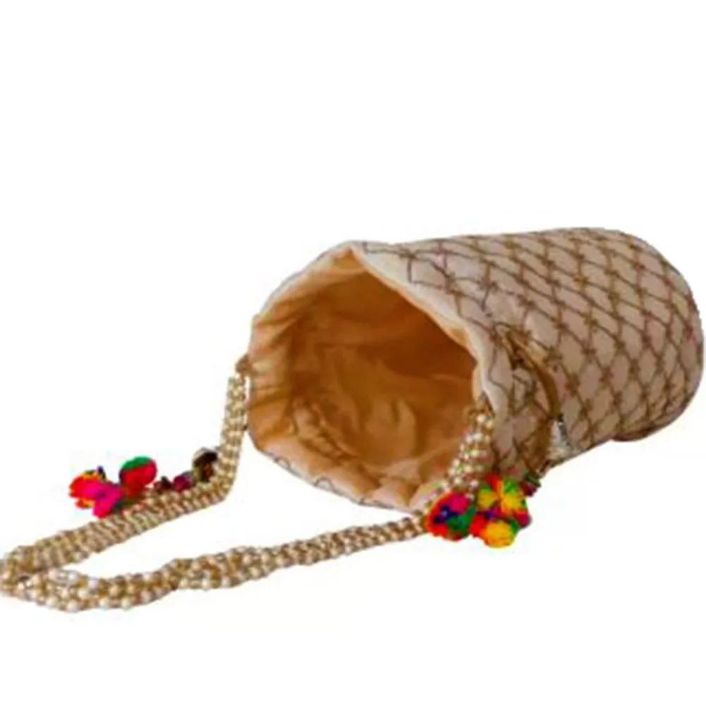 Designer Jardosh Embroidered Silk Potli Bag With Meal Beadwork And Pearl Drawstings Golden