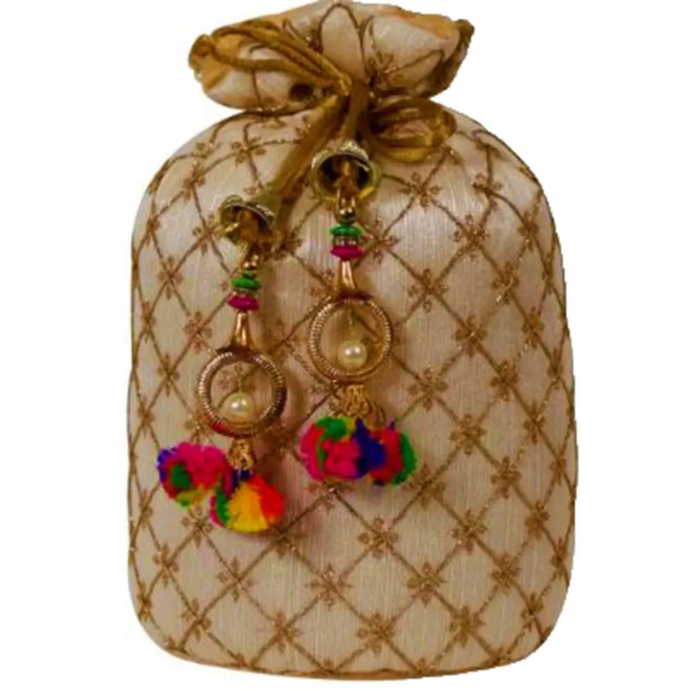 Designer Jardosh Embroidered Silk Potli Bag With Meal Beadwork And Pearl Drawstings Golden