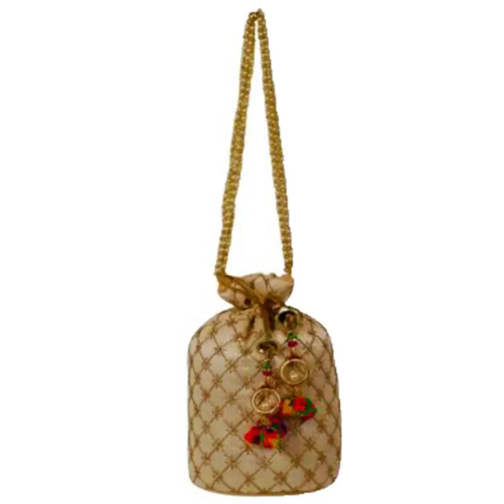 Designer Jardosh Embroidered Silk Potli Bag With Meal Beadwork And Pearl Drawstings Golden