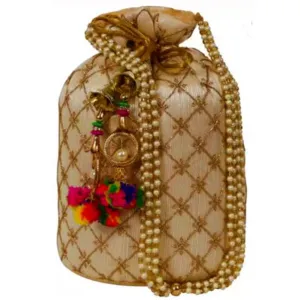 Designer Jardosh Embroidered Silk Potli Bag With Meal Beadwork And Pearl Drawstings Golden