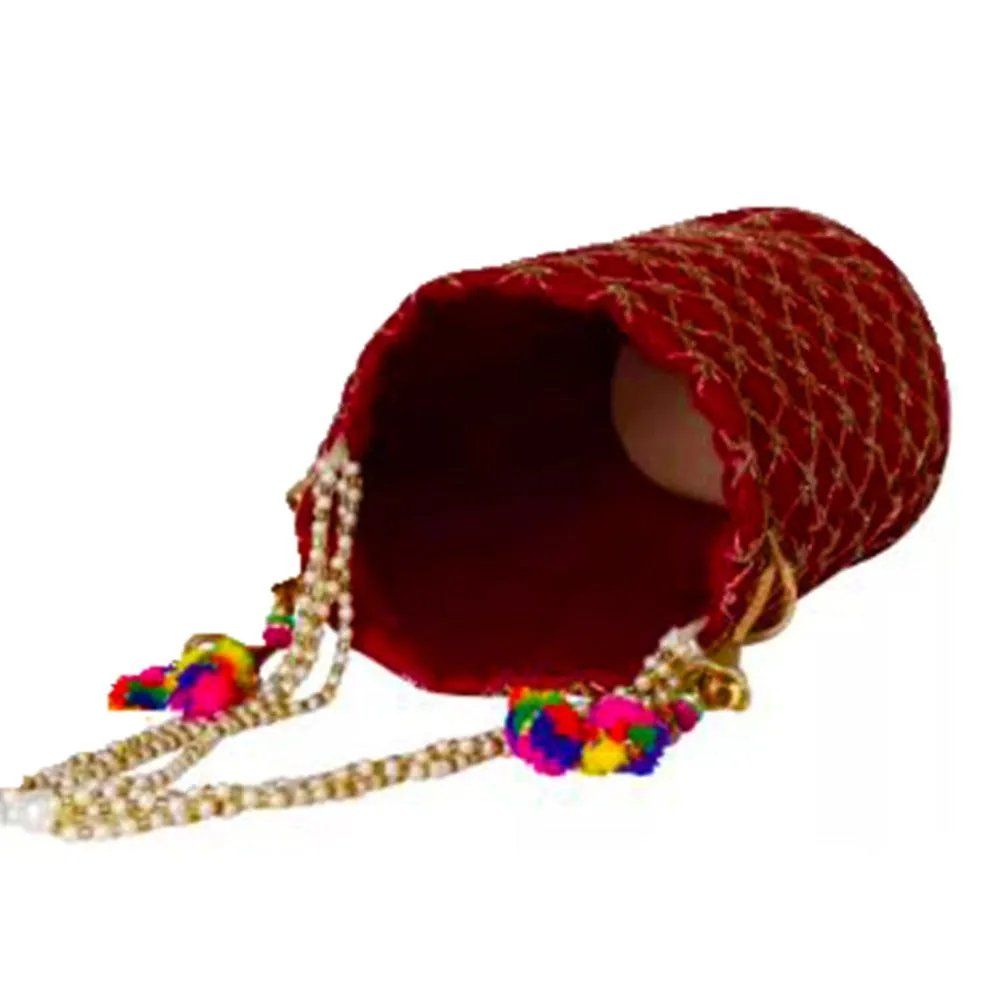 Designer Jardosh Embroidered Silk Potli Bag With Meal Beadwork And Pearl Drawstings Maroon