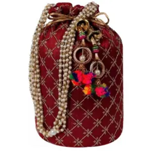 Designer Jardosh Embroidered Silk Potli Bag With Meal Beadwork And Pearl Drawstings Maroon