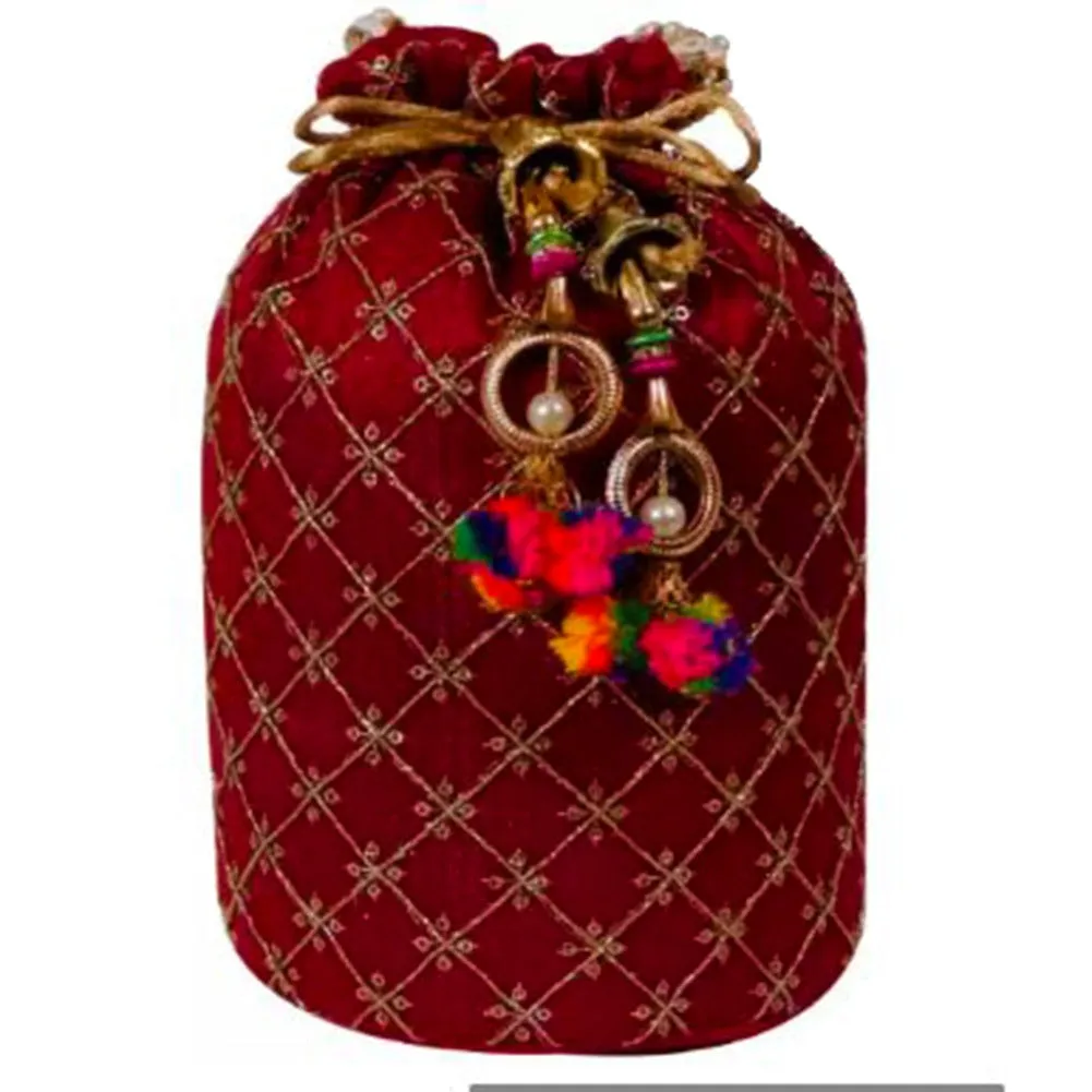 Designer Jardosh Embroidered Silk Potli Bag With Meal Beadwork And Pearl Drawstings Maroon
