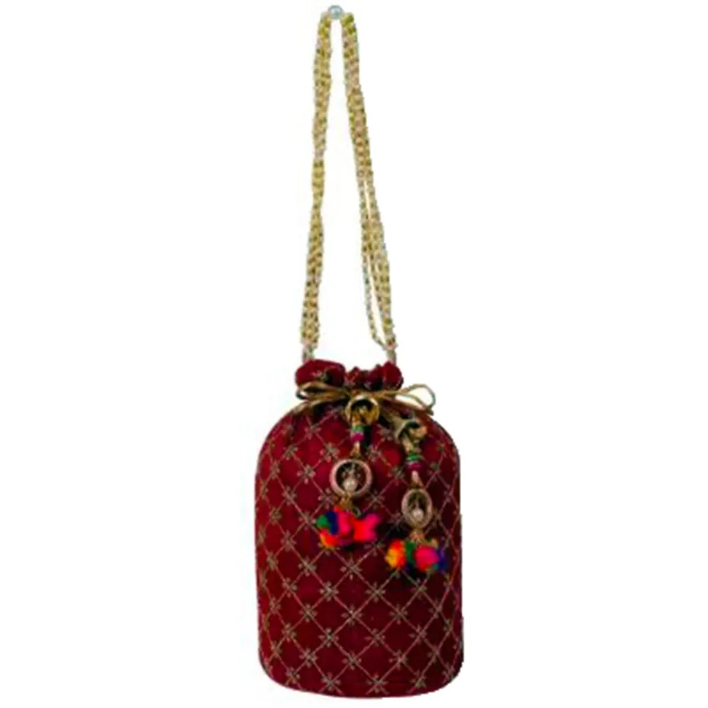 Designer Jardosh Embroidered Silk Potli Bag With Meal Beadwork And Pearl Drawstings Maroon