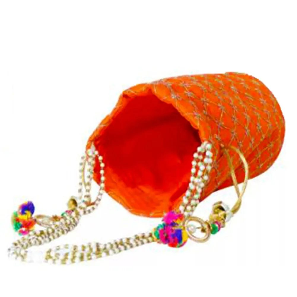 Designer Jardosh Embroidered Silk Potli Bag With Meal Beadwork And Pearl Drawstings Orange