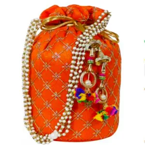 Designer Jardosh Embroidered Silk Potli Bag With Meal Beadwork And Pearl Drawstings Orange