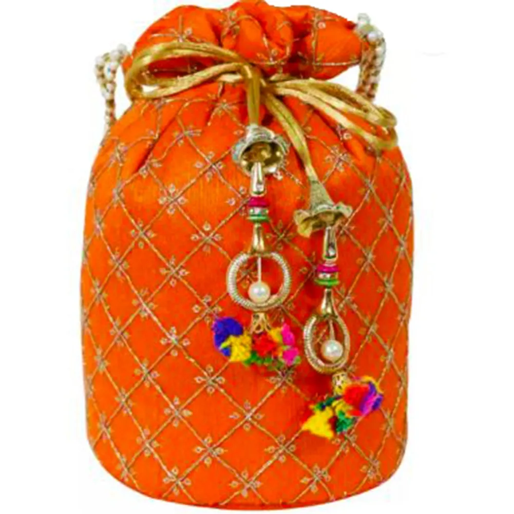 Designer Jardosh Embroidered Silk Potli Bag With Meal Beadwork And Pearl Drawstings Orange