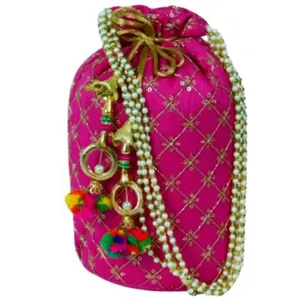 Designer Jardosh Embroidered Silk Potli Bag With Meal Beadwork And Pearl Drawstings Pink
