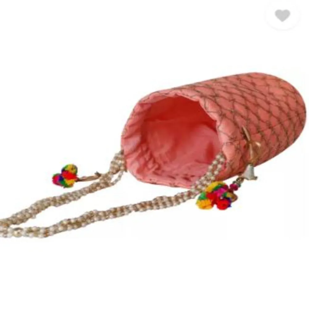 Designer Jardosh Embroidered Silk Potli Bag With Metal Beadwork And Pearl Drawstings