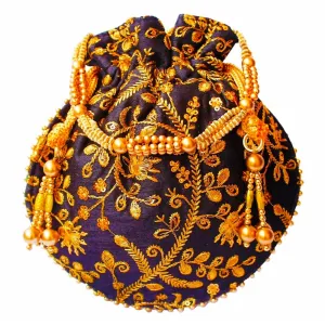 Designer Jardosh Embroidered Silk Potli Bag With Metal Beadwork And Pearl Drawstings