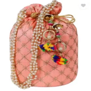 Designer Jardosh Embroidered Silk Potli Bag With Metal Beadwork And Pearl Drawstings