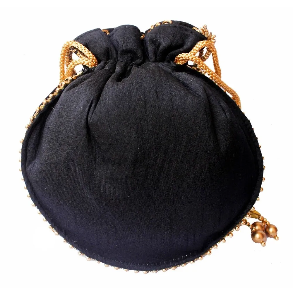 Designer Jardosh Embroidered Silk Potli Bag With Metal Beadwork And Pearl Drawstings