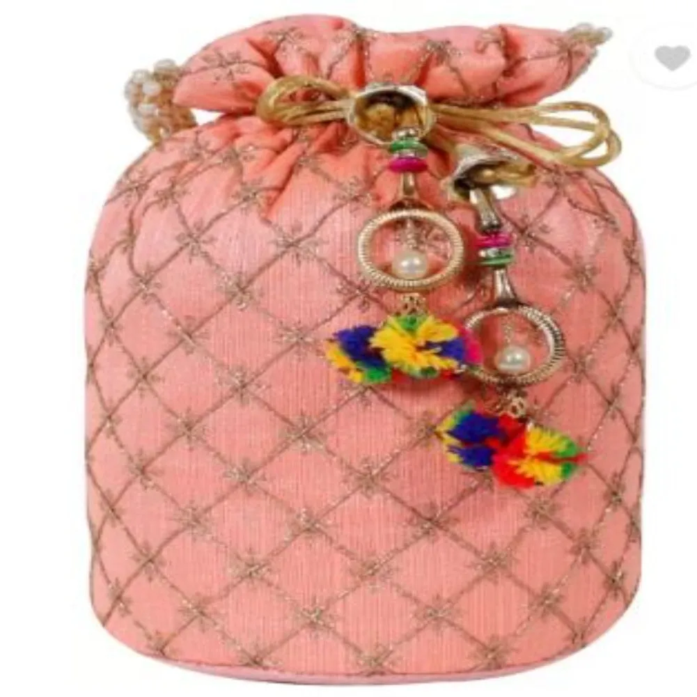 Designer Jardosh Embroidered Silk Potli Bag With Metal Beadwork And Pearl Drawstings