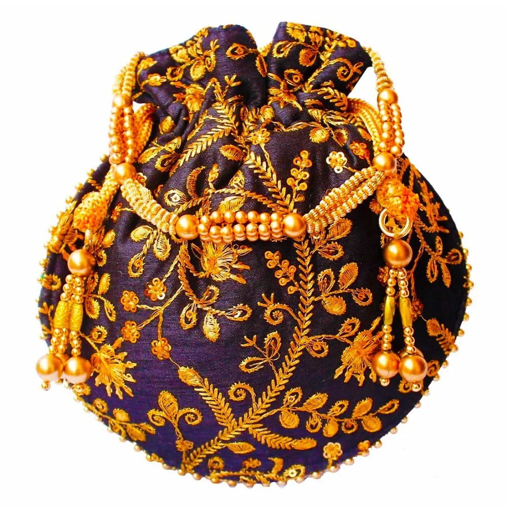 Designer Jardosh Embroidered Silk Potli Bag With Metal Beadwork And Pearl Drawstings