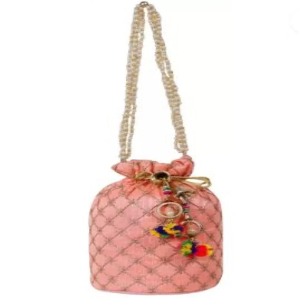 Designer Jardosh Embroidered Silk Potli Bag With Metal Beadwork And Pearl Drawstings