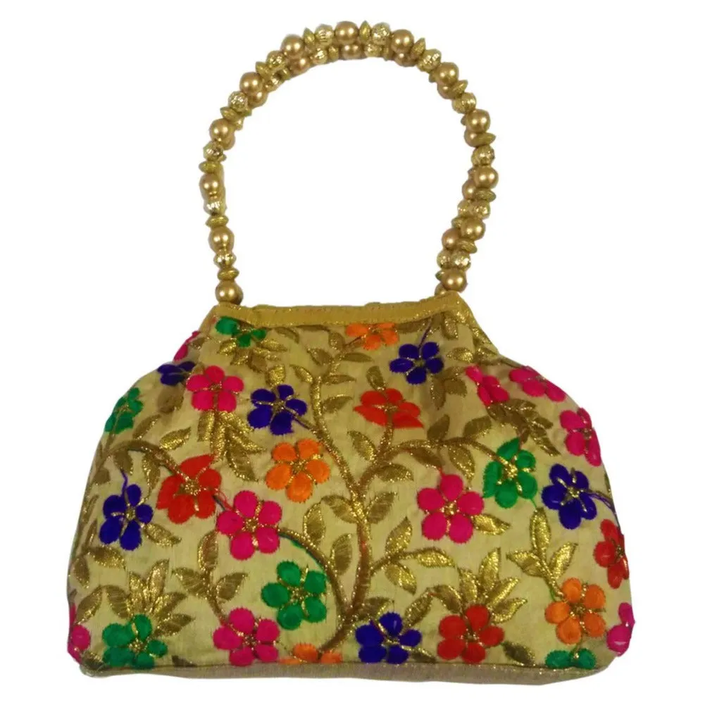 Designer Multicolored Embroidered Silk Potli Bag With Peral Beads Drawstring