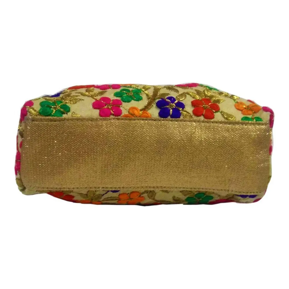 Designer Multicolored Embroidered Silk Potli Bag With Peral Beads Drawstring