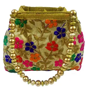 Designer Multicolored Embroidered Silk Potli Bag With Peral Beads Drawstring