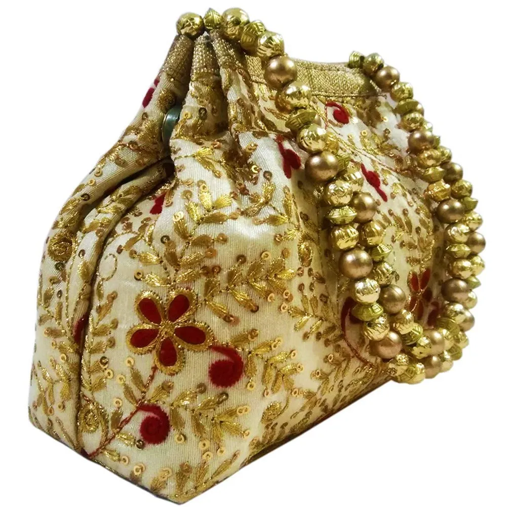 Designer Multicolored Golden Embroidered Silk Potli Bag With Peral Beads Drawstring