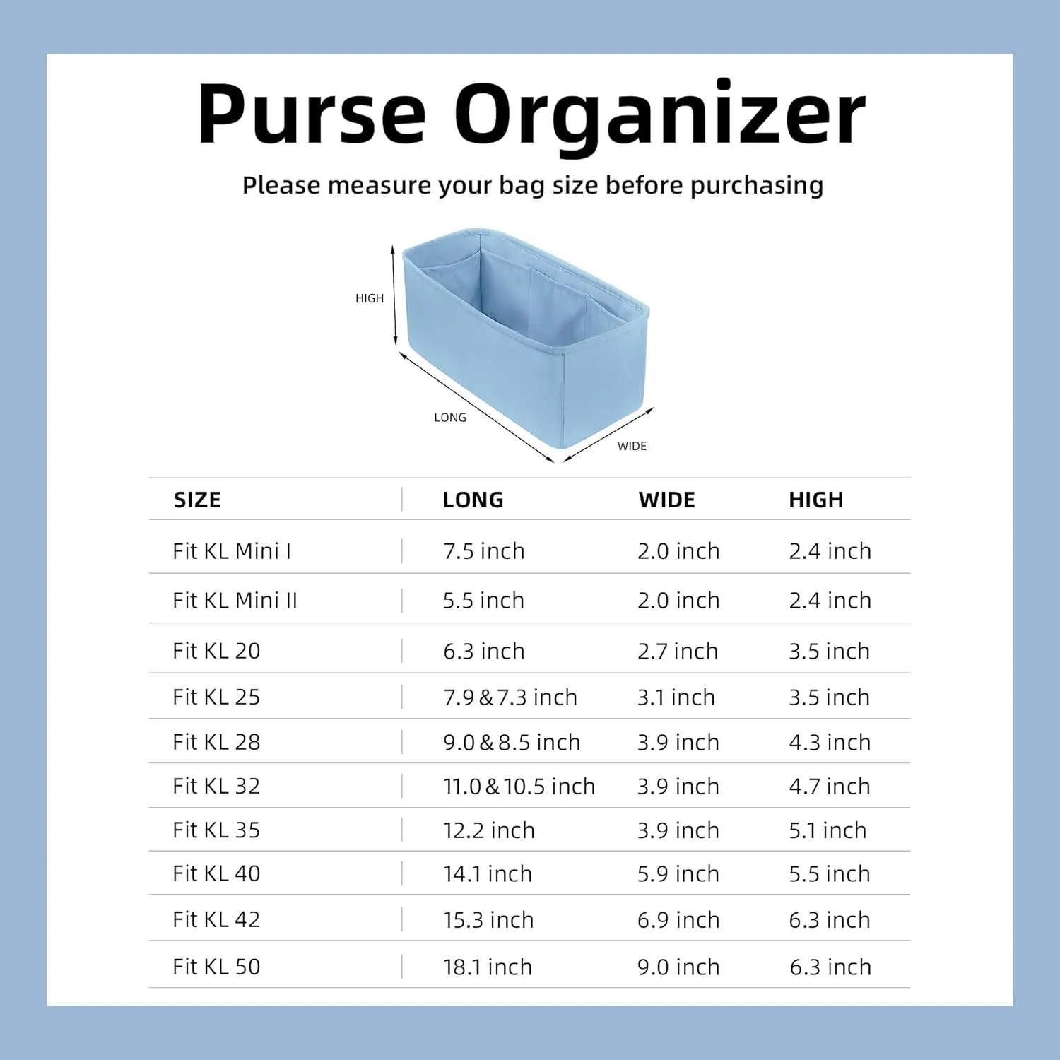 DGAZ Bag Organizer Insert For Kelly pochette/mini II /20/25/28/32/35/40/42/45 Bags, Silk Purse Organizers(Azure,KL35)