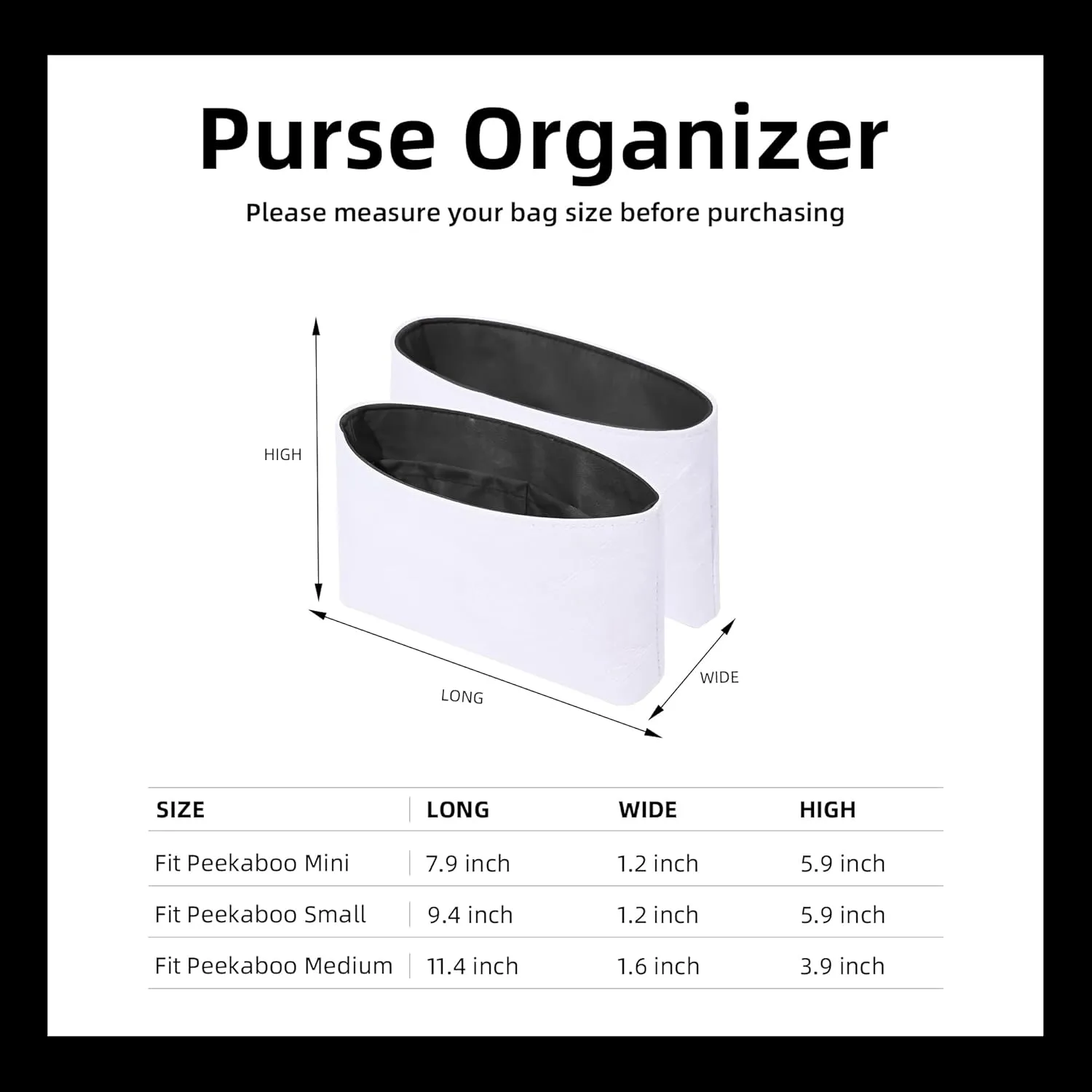 DGAZ Lightweight Purse Organizer Insert for Fendi Peekaboo Bag,silk and DupontPaper handbag inner for Luxury Bags(Black,Peekaboo Mini)
