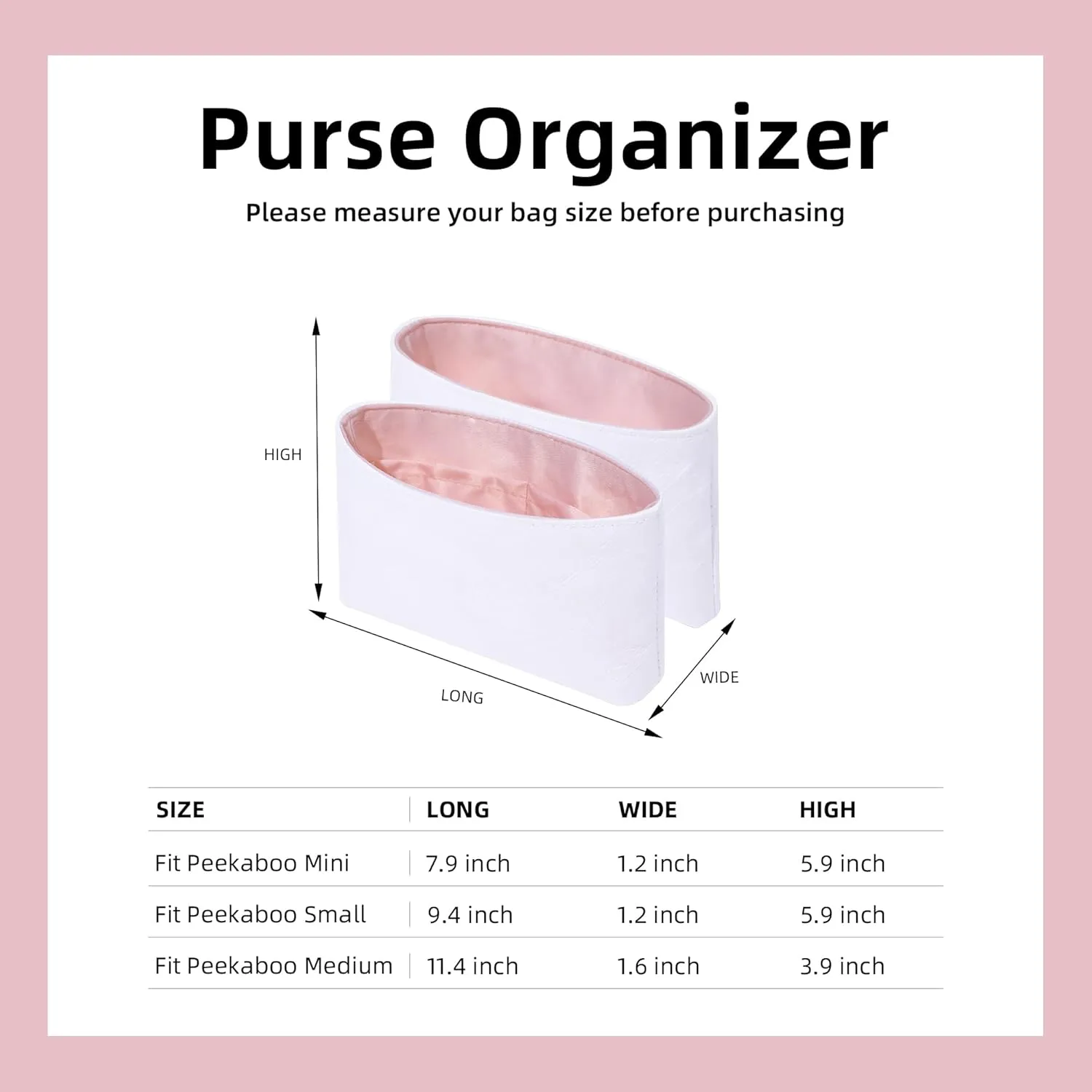 DGAZ Lightweight Purse Organizer Insert for Fendi Peekaboo Bag,silk and DupontPaper handbag inner for Luxury Bags(Pink,Peekaboo Mini)