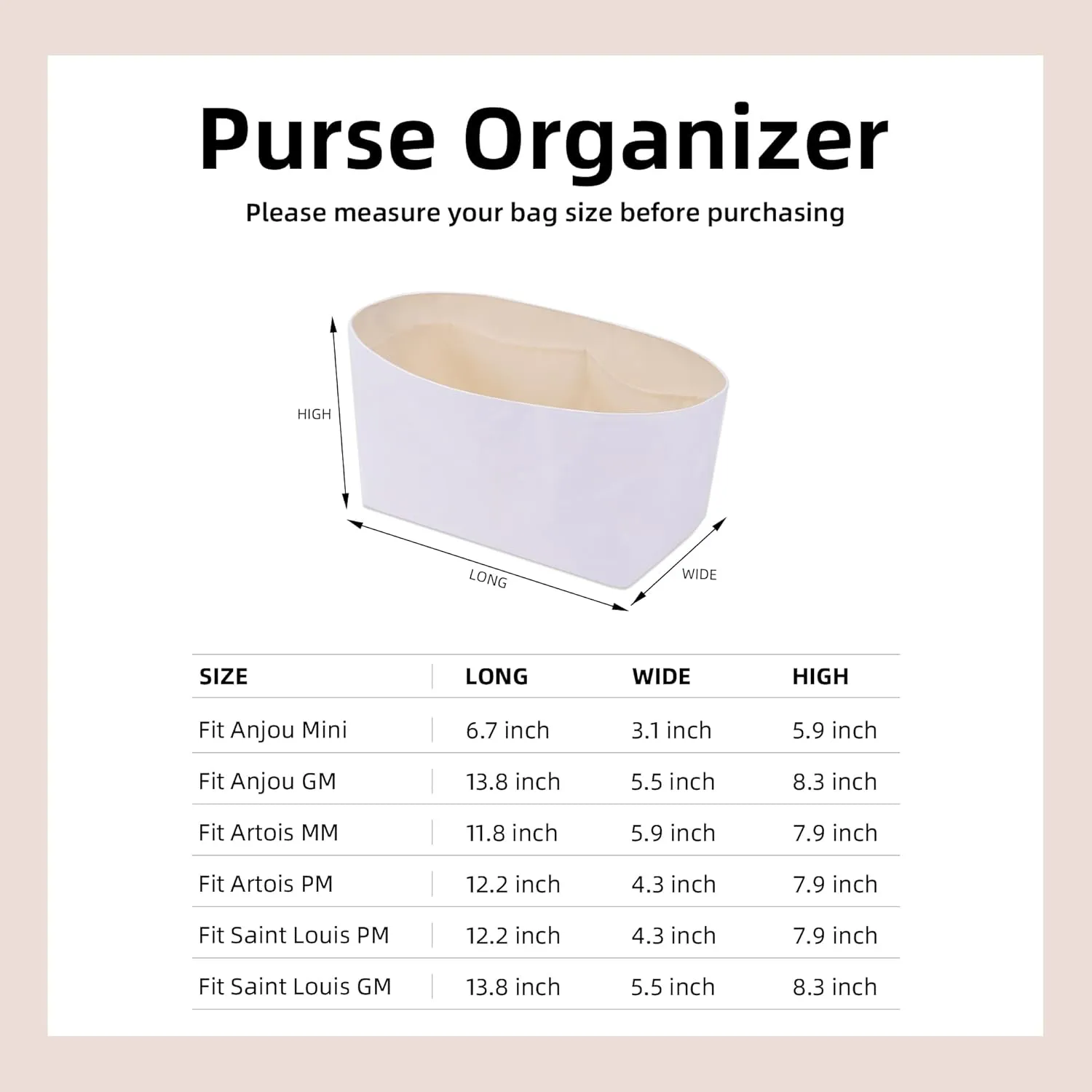 DGAZ Lightweight Purse Organizer Insert for Goyard Anjou/Artois/Saint Louis Bag,silk and DupontPaper handbag inner for Luxury Bags(Craie,Saint Louis GM)