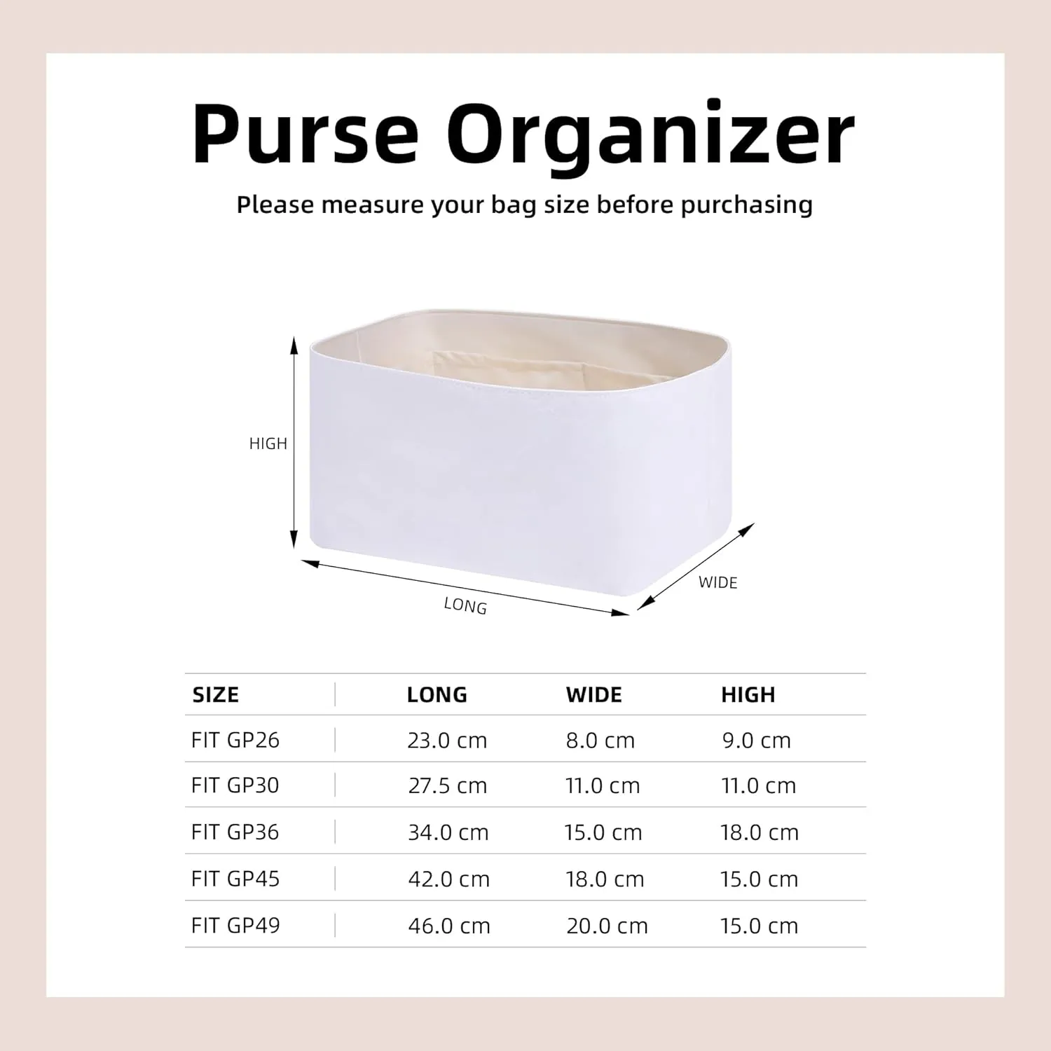 DGAZ Lightweight Purse Organizer Insert for Hermes Garden Party Bag,silk and DupontPaper handbag inner for Luxury Bags(Craie,GP36)
