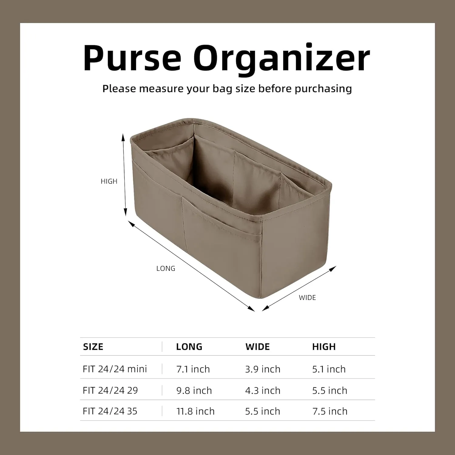 DGAZ Silk Purse Organizer Insert For Hermes 24/24 mini/29/35 Bags, Luxury Handbag & Tote Organizer, Simplicity bag organizer(Etoupe grey,24/24-mini)