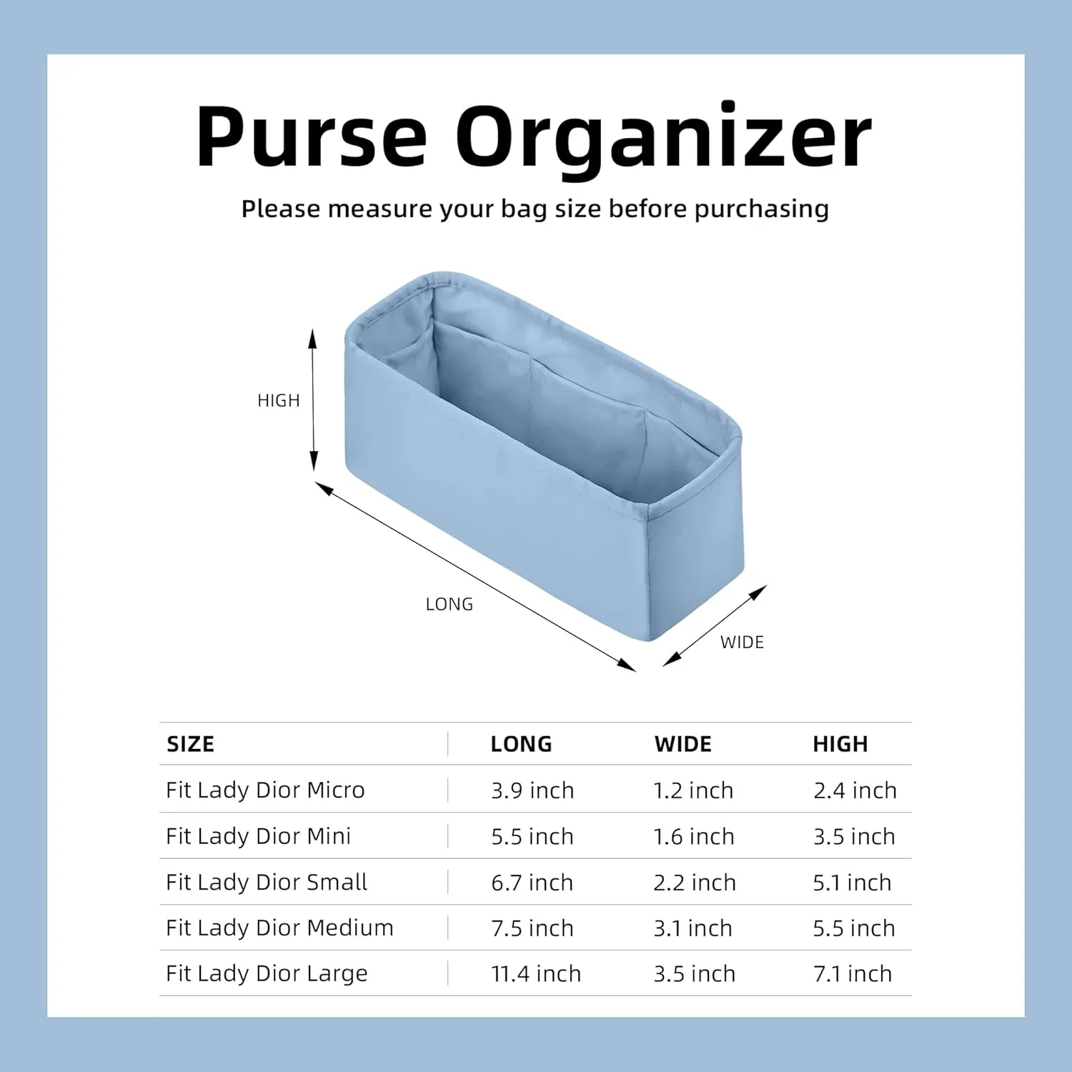 DGAZ Silk Purse Organizer Insert For Lady-Dior Micro/Mini/S/M/L bags，Silky Smooth Bag Organizer，Luxury Handbag & Tote Shaper(Azure,L)