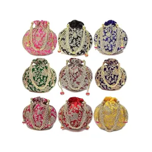 DMS RETAIL Silk Embroidered Women Potli Bag  Potli Bags for Women Evening Bag Clutch Ethnic Bride Purse with Drawstring Set Of 10 potli bags Mix Colors