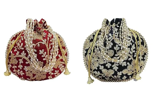 DMS RETAIL Silk Embroidered Women Potli Bag  Potli Bags for Women Evening Bag Clutch Ethnic Bride Purse with Drawstring Set Of 10 potli bags Mix Colors
