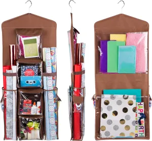 Double-Sided Hanging Gift Bag and Gift Wrap Organizer (Brown)