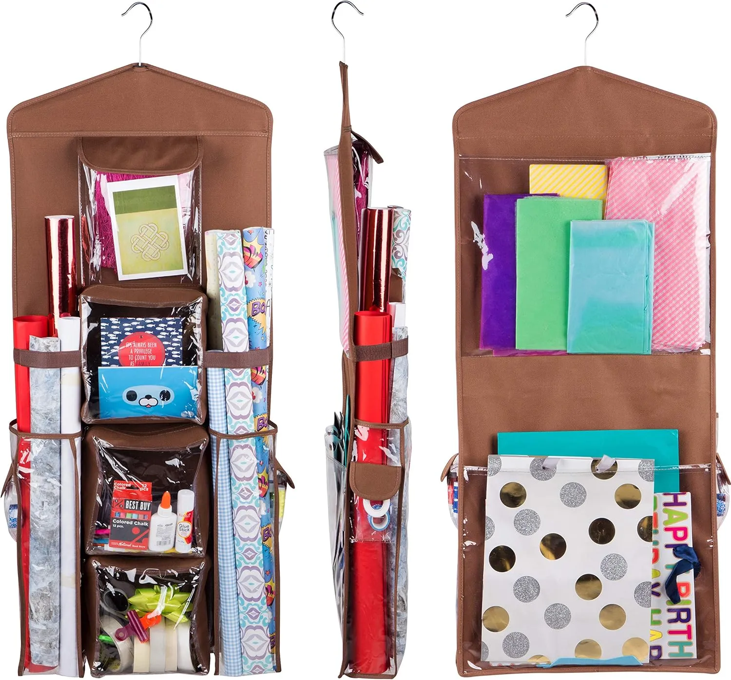 Double-Sided Hanging Gift Bag and Gift Wrap Organizer (Brown)